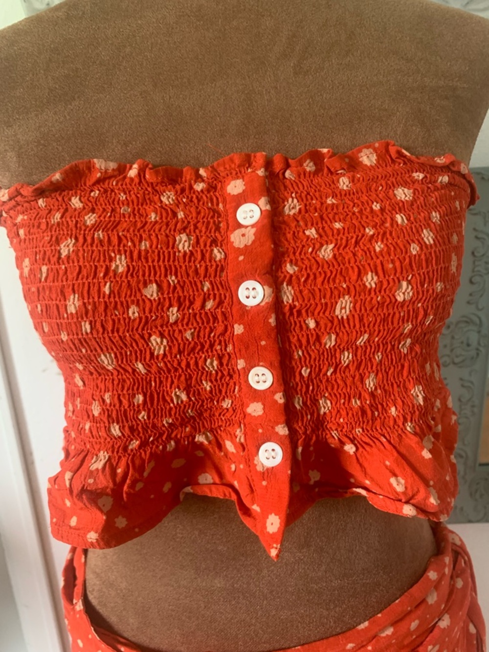 Faithfull the Brand Red Floral Smocked Bandeau Top ( Sz Med )